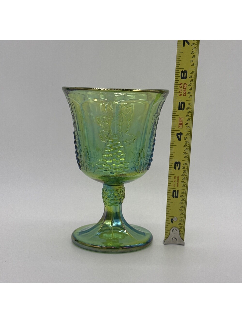 Vintage Green Carnival Glass 5.5" Water Goblet Imperial Grape Harvest Iridescent